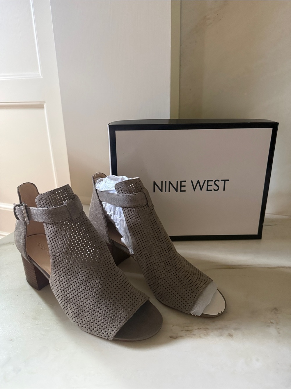 Nine West Gray Perforated Open-Toe Block Heel Booties
